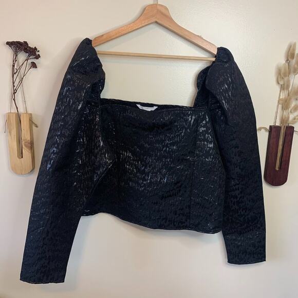 H&M Jacquard Metallic Black Blouse with Puffy Sleeves Size XL - Picture 6 of 6